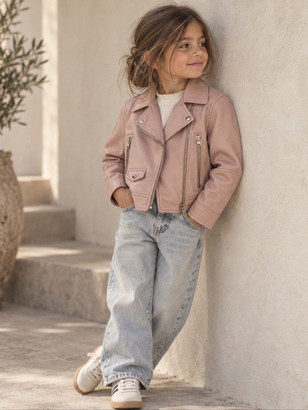 Zara Girls Pink Faux Leather Moto Biker Jacket Silver Zip Size 6